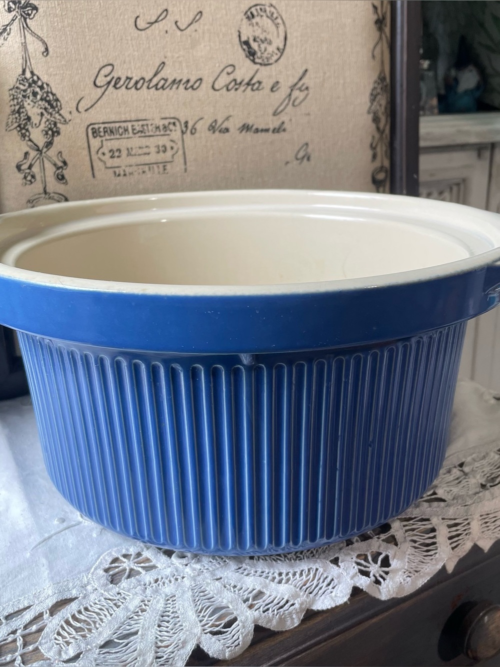 Vintage blue stoneware ribbed bowl Rival crockpot slow cooker insert